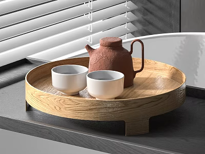 Elegant Tea Set with Brown Teapot and White Teacups on Wooden Tray in Modern Kitchen 3d model