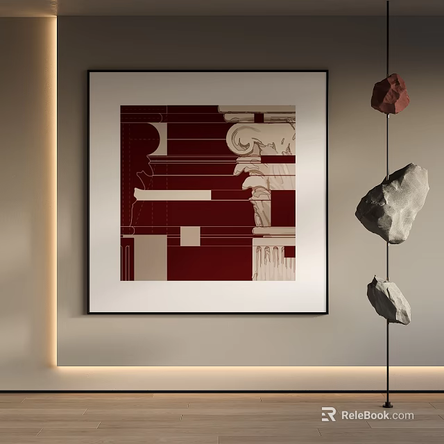 Modern Interior Decor With Architectural Artwork And Hanging Stones 3d model
