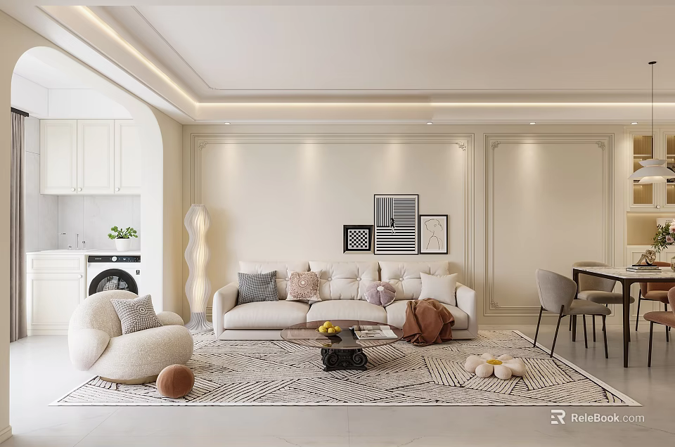 Modern Living Dining Room Interior With White Sofa Coffee Table Rug And Decorative Paintings 3d model 