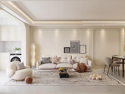 Modern Living Dining Room Interior With White Sofa Coffee Table Rug And Decorative Paintings 3d model