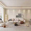 Modern Living Dining Room Interior With White Sofa Coffee Table Rug And Decorative Paintings