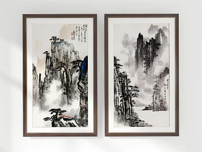 Traditional Chinese Ink Landscape Paintings Framed as Wall Art with Mountains Trees and Calligraphy 3d model