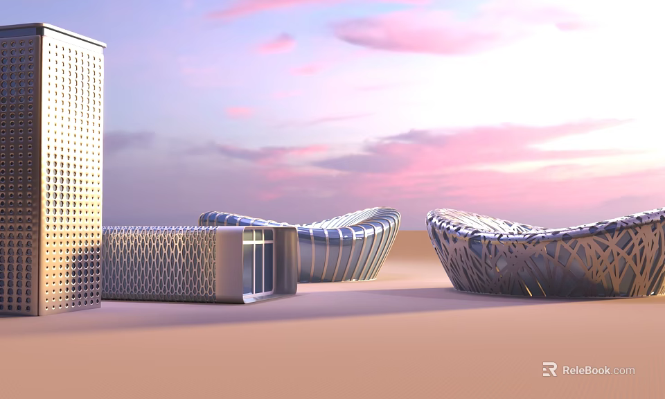 Modern Sculptural Building Exteriors With Unique Curves Under Pink Sunset Sky 3d model 