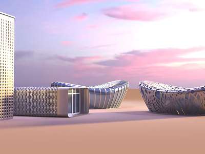 Modern Sculptural Building Exteriors With Unique Curves Under Pink Sunset Sky 3d model