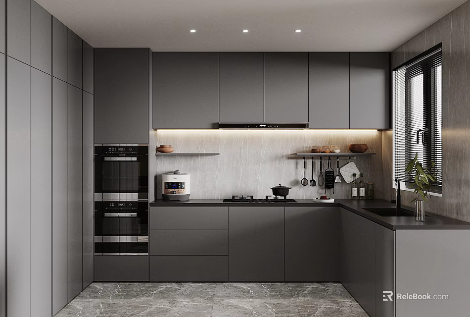 Modern Kitchen Interior With Gray Cabinets Oven Microwave Light Tile Backsplash And Marble Floor 3d model 