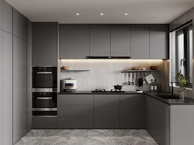 Modern Kitchen Interior With Gray Cabinets Oven Microwave Light Tile Backsplash And Marble Floor 3d model