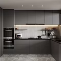 Modern Kitchen Interior With Gray Cabinets Oven Microwave Light Tile Backsplash And Marble Floor 3d model