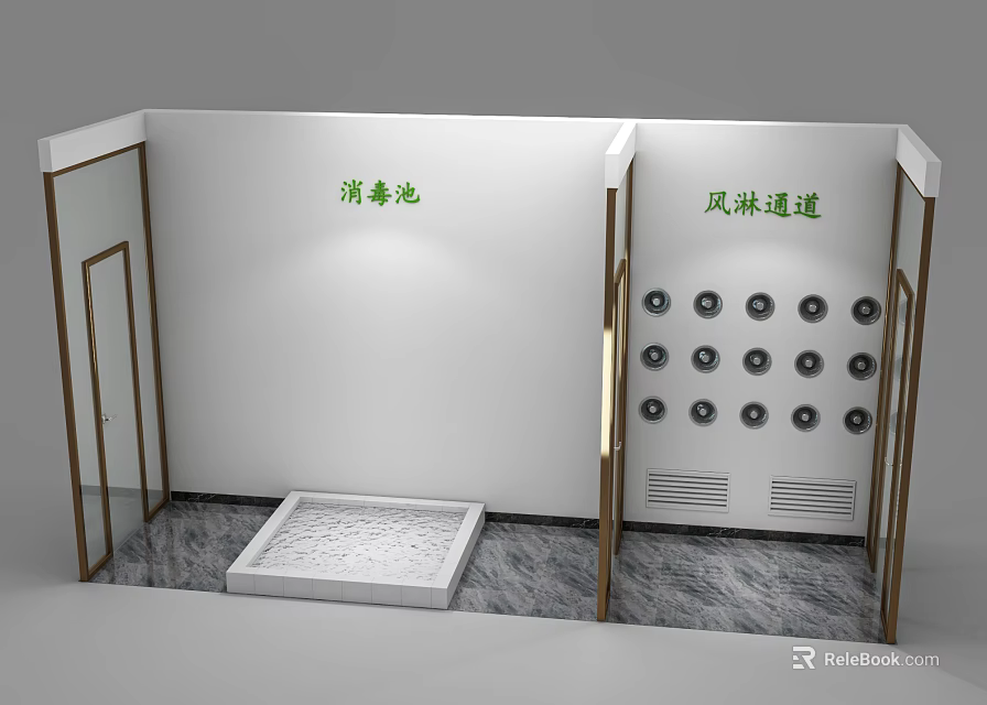Public Facility Featuring Disinfection Pool Air Shower Tunnel White Walls And Metal Frames 3d model 