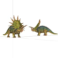 Two Colorful Dinosaur Figures With Spikes And Horns On White Surface