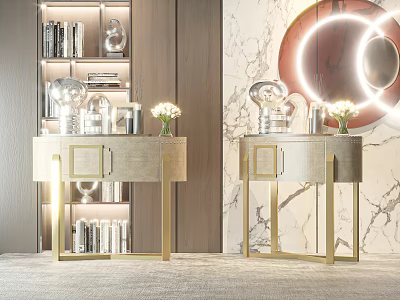 Modern Luxury Nightstand Interior With Gold Frame Marble Background And Decorative Vase Lamp Books 3d model