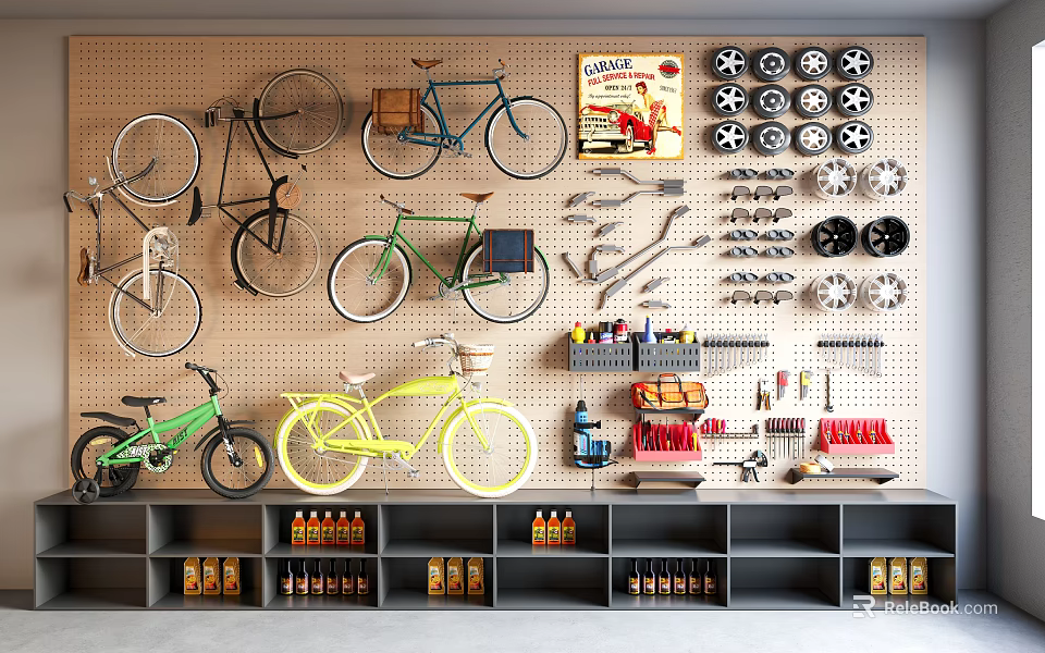 Bicycles Displayed On Pegboard Wall With Tools Wheels And Shelves Of Bottles 3d model 