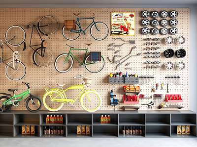 Bicycles Displayed On Pegboard Wall With Tools Wheels And Shelves Of Bottles 3d model