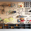 Bicycles Displayed On Pegboard Wall With Tools Wheels And Shelves Of Bottles