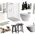 Modern Bathroom Set with Shower Enclosure Toilet Sink Vanity Bathtub Towels Stools and Bathrobe