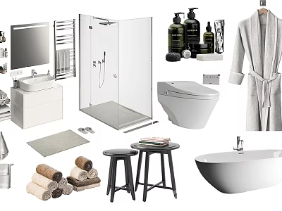 Modern Bathroom Set with Shower Enclosure Toilet Sink Vanity Bathtub Towels Stools and Bathrobe 3d model