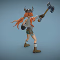 Woman With Horned Helmet Holding Axe And Shield Red Hair Shorts And Boots