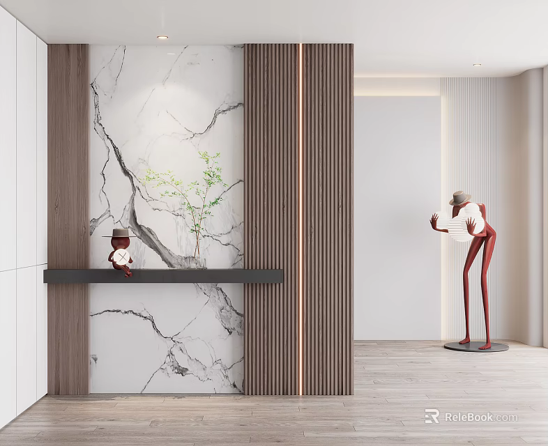 Modern Background Wall With Marble Texture Wooden Stripes Decorative Shelf Green Plant And Sculpture 3d model 