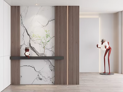 Modern Background Wall With Marble Texture Wooden Stripes Decorative Shelf Green Plant And Sculpture 3d model