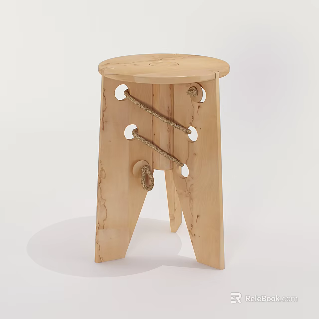 Handmade Wooden Stool With Natural Wood Grain And Rope Accents On Carved Legs 3d model 