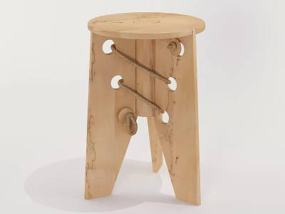 Handmade Wooden Stool With Natural Wood Grain And Rope Accents On Carved Legs 3d model