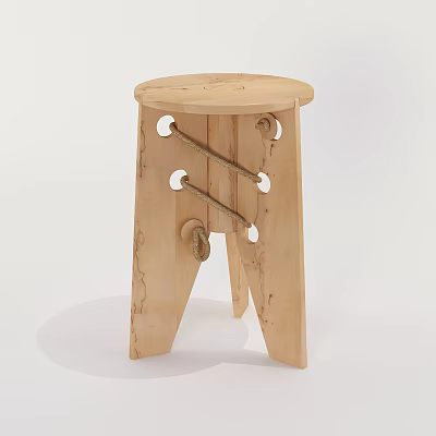 Handmade Wooden Stool With Natural Wood Grain And Rope Accents On Carved Legs 3d model