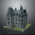 Vintage Gothic Building Model With Spire Towers Slate Roof Arched Windows And Stone Steps