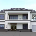 Two Story Detached Villa with Black Roof White Exterior Walls Balcony Garage and Green Plants
