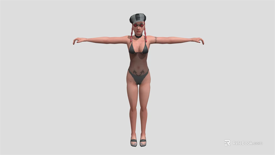 3D Female Character With Black Bikini Pink Hair Hat High Heels And Outstretched Arms 3d model 