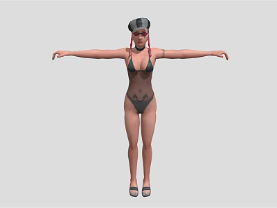3D Female Character With Black Bikini Pink Hair Hat High Heels And Outstretched Arms 3d model