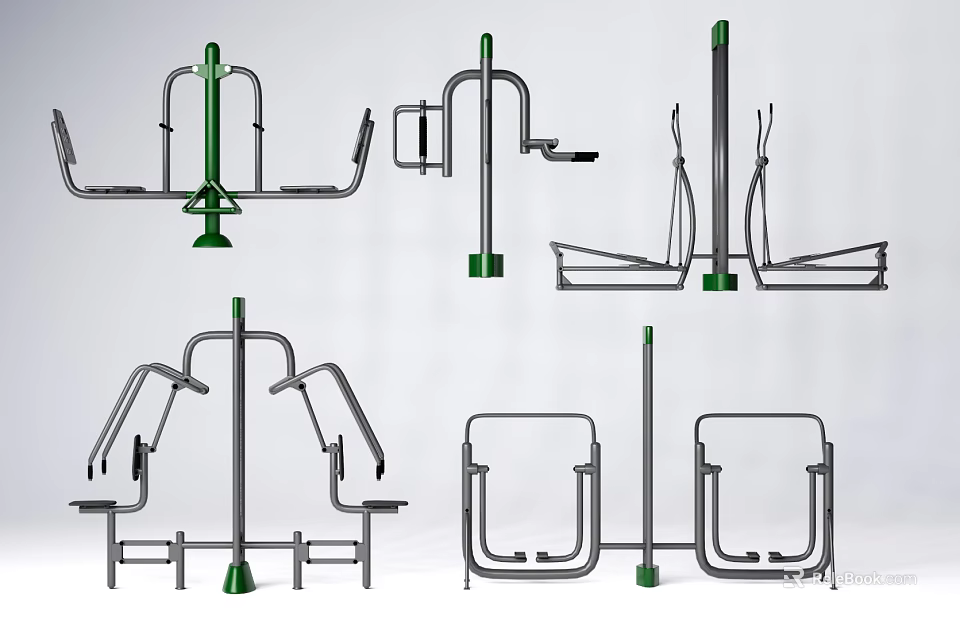 Outdoor Fitness Sports Equipment With Various Exercise Stations Metal Frame Green Base 3d model 