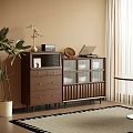 Stylish Brown Wooden Cabinet With Glass Doors Drawers Laptop Vase And Potted Plant