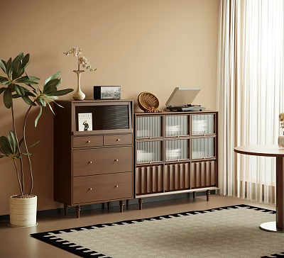 Stylish Brown Wooden Cabinet With Glass Doors Drawers Laptop Vase And Potted Plant 3d model