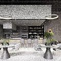 Modern Restaurant Interior With Open Kitchen Wine Rack Hanging Lights Dining Tables And Fireplace