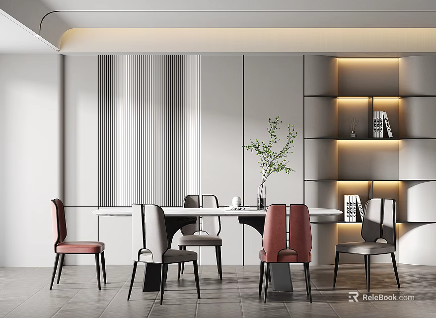 Modern Restaurant Interior With Striped Wall Accent Lighting Dining Table Colorful Chairs And Green Plant Decor 3d model 