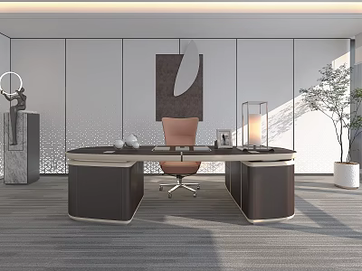 Modern Office Desk With Brown Leather Chair Decorative Painting And Potted Plant 3d model