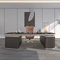 Modern Office Desk With Brown Leather Chair Decorative Painting And Potted Plant