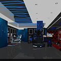Tech Themed Indoor Playground With Blue Lighting Ceiling Stripes Gaming Gear Red Seats Checkerboard Walls