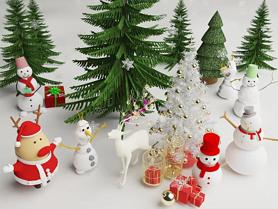 Santa Claus Standing Among Snowmen Reindeer And Decorated Christmas Tree With Gifts 3d model