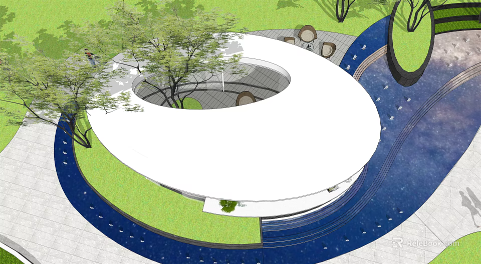 Garden Landscape Design With Circular Structure Green Lawn Trees And Blue Waterway 3d model 