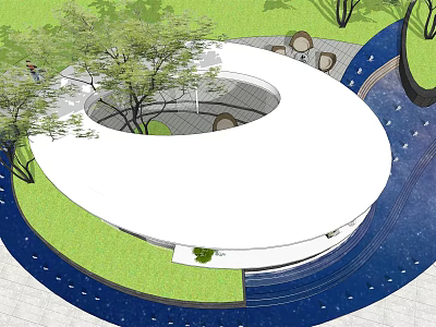 Garden Landscape Design With Circular Structure Green Lawn Trees And Blue Waterway 3d model