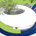 Garden Landscape Design With Circular Structure Green Lawn Trees And Blue Waterway