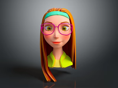3D Game Movie Character With Orange Long Hair Green Headband Pink Glasses And Yellow Top 3d model