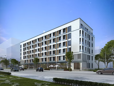 Modern Office Building Exterior With Glass Windows Greenery And Urban Street View 3d model