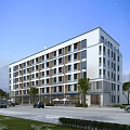 Modern Office Building Exterior With Glass Windows Greenery And Urban Street View