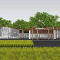 Scenic Visitor Center With Modern Wooden Structure Glass Facade Green Trees And Rice Fields