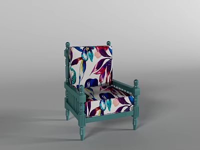 Teal Framed Accent Chair With Colorful Floral Pattern Fabric And Carved Wooden Legs 3d model