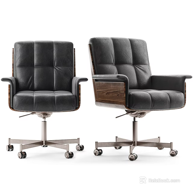 Modern Black Leather Office Chair With Wooden Armrests Metal Base And Swivel Wheels 3d model 