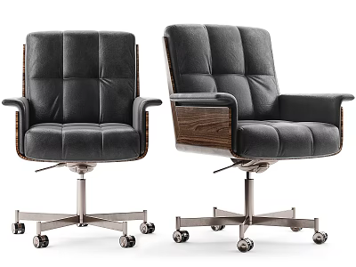 Modern Black Leather Office Chair With Wooden Armrests Metal Base And Swivel Wheels 3d model