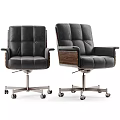 Modern Black Leather Office Chair With Wooden Armrests Metal Base And Swivel Wheels