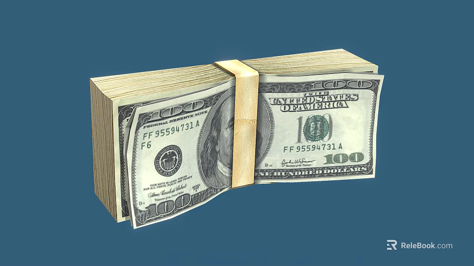 Close Up Stack of US 100 Dollar Bills Bundled with Rubber Band on Blue Background 3d model 